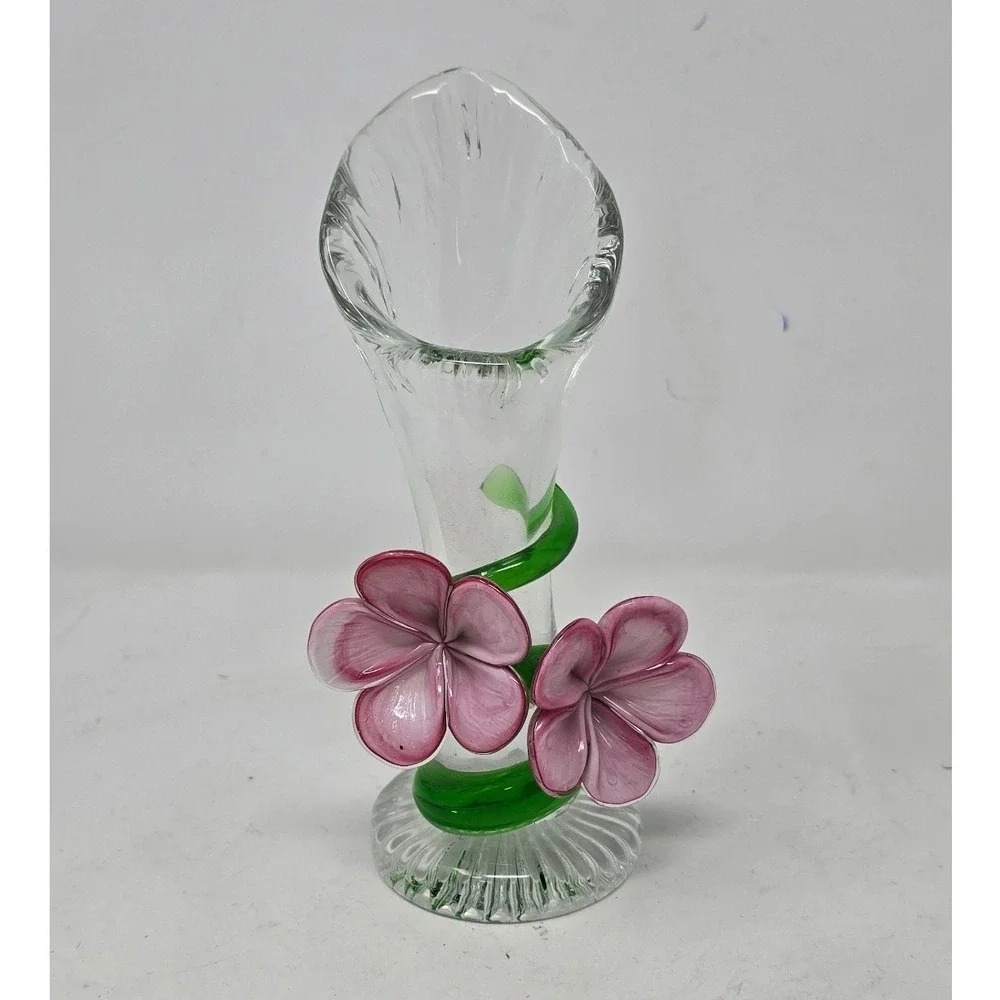 Vtg hand blown art glass bud vase pink flowers green vine fluted rim botanical